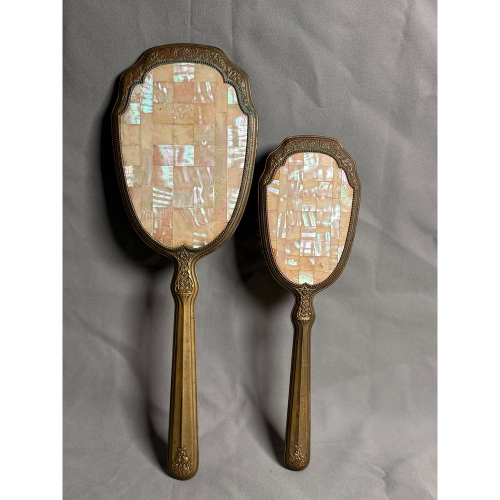 Vintage Mother of Pearl Inlay Gold Tone Vanity Set Hand Mirror Hairbrush 2pc - Picture 2 of 12